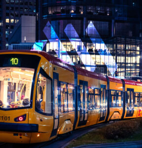 Tram through city