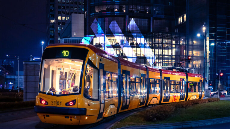 Tram through city