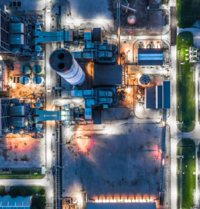 Aerial view power plant, Combined cycle power plant electricity generating station industry.