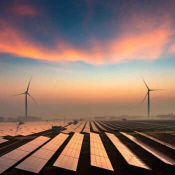 Solar power plants in the dusk of the evening