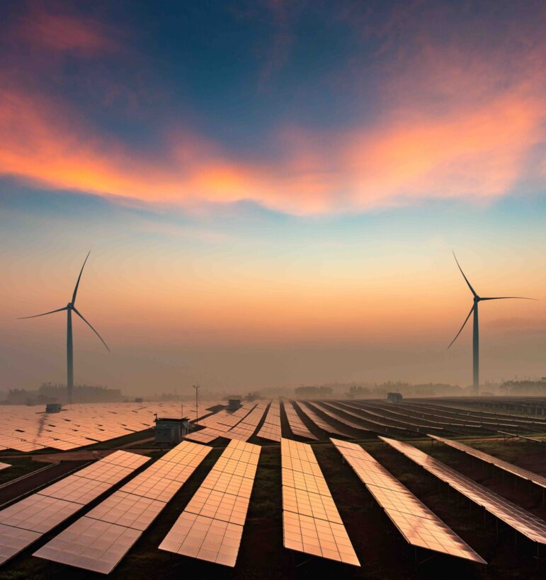 Solar power plants in the dusk of the evening