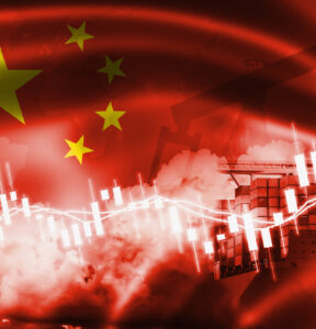 Peoples Republic of China flag, stock market, exchange economy and Trade, oil production, container ship in export and import business and logistics.