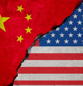 flag of the republic of china on broken brick wall and half usa united states of america flag, crisis president and china for nuclear atomic and customs duties on products tax export, import concept