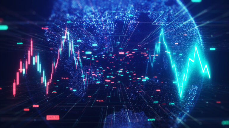 Stock market concept. Stock market tickers with a world map and stock indexes, graphs, charts. Digital animation of Stock market prices changing.